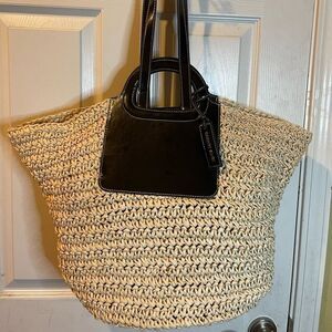 Vince Camuto Lena soft woven natural straw X Large tote black faux leath…